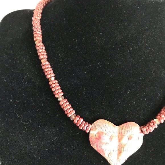 Vintage Copper Heart Choker Necklace Swarovksi Crystal Beads Approx 15” Toggle - Picture 3 of 8